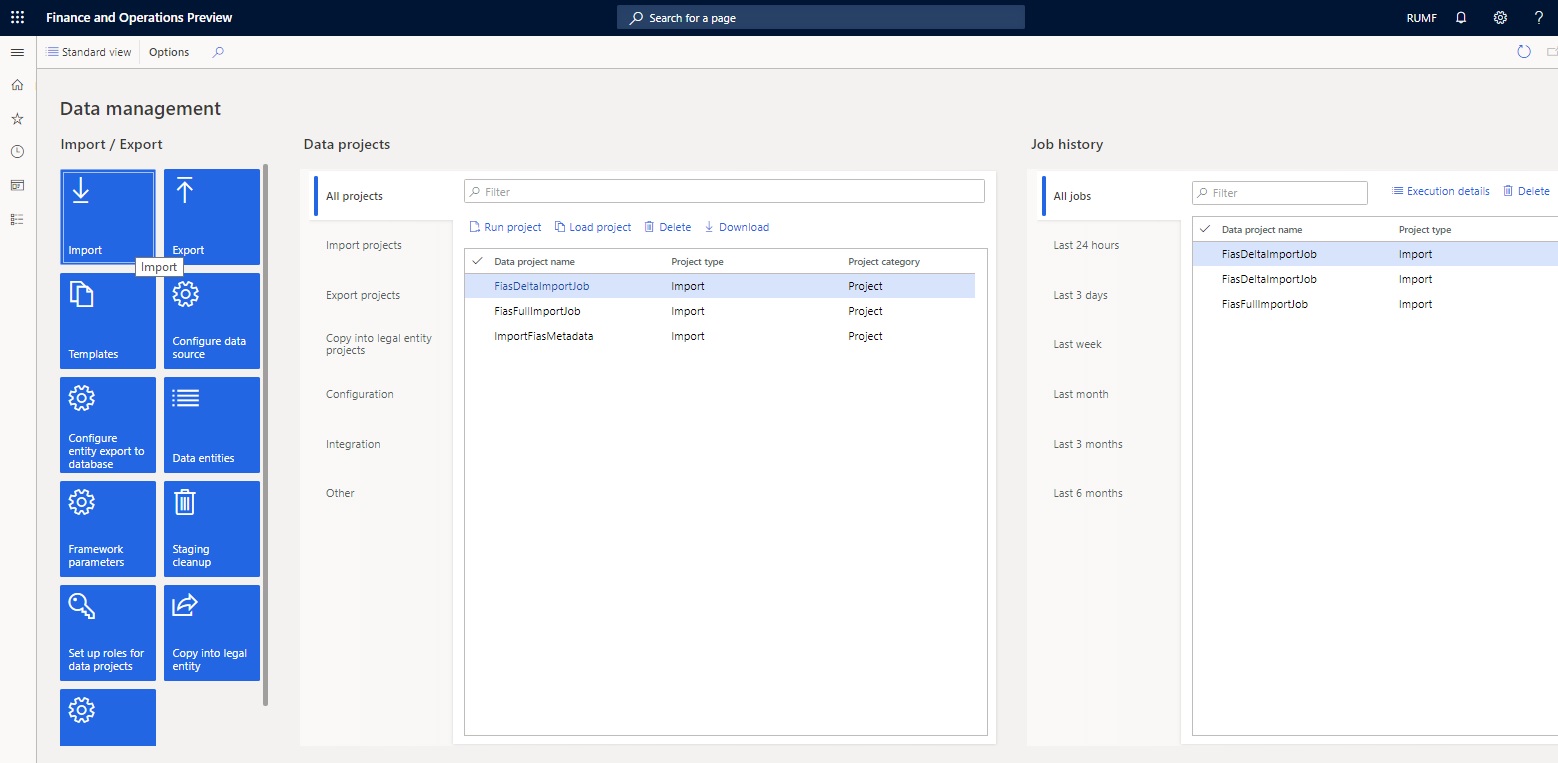 Screenshot of the Data management workspace, Import/export section, Import tile.